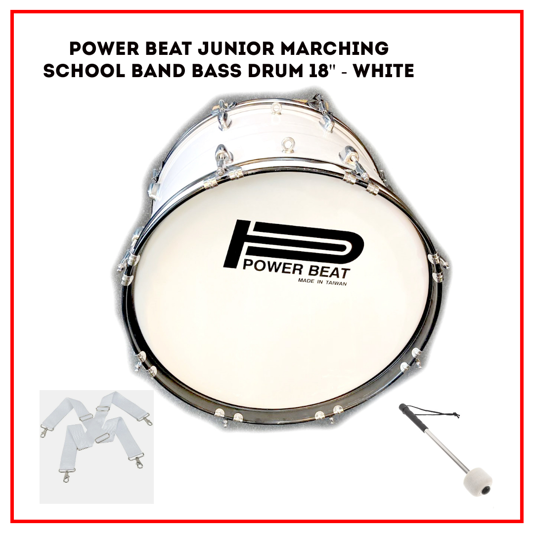 Power Beat Junior Marching School Band Bass Drum 18'' X 12'' - White